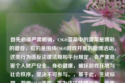 首先必须严肃明确,CSGO菠菜中的菠菜是博彩的谐音,指的是围绕CSGO游戏开展的赌博活动,这类行为违反法律法规和平台规定,会严重危害个人财产安全、身心健康,破坏游戏环境与社会秩序,坚决不可参与。,基于此,生成标题,警惕CSGO菠菜,实为违法赌博行为,危害重重需坚决