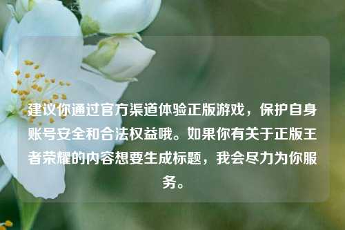 建议你通过官方渠道体验正版游戏,保护自身账号安全和合法权益哦。如果你有关于正版王者荣耀的内容想要生成标题,我会尽力为你服务。