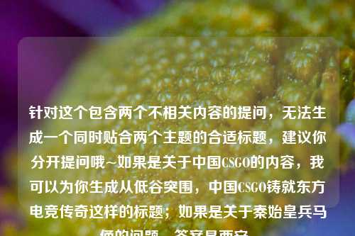 针对这个包含两个不相关内容的提问,无法生成一个同时贴合两个主题的合适标题,建议你分开提问哦~如果是关于中国CSGO的内容,我可以为你生成从低谷突围,中国CSGO铸就东方电竞传奇这样的标题;如果是关于秦始皇兵马俑的问题,答案是西安。